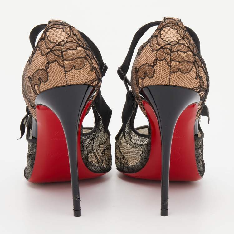 Pre Owned Christian Louboutin Black Lace and Satin Hot Jeanbi Pumps Size 38.5