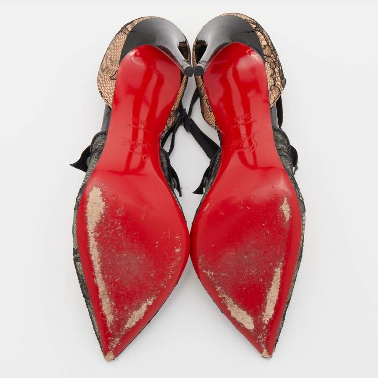 Pre Owned Christian Louboutin Black Lace and Satin Hot Jeanbi Pumps Size 38.5