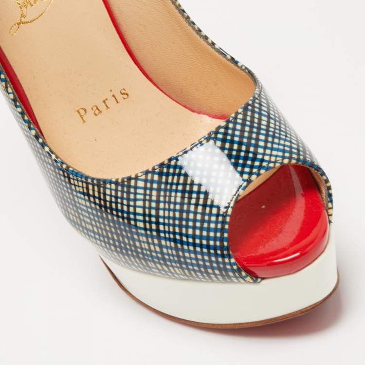 مملوكة مسبقًا Christian Louboutin Tricolor Printed Patent Leather Lady Peep Slingback Pumps Size 36.5