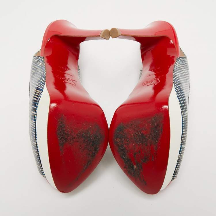 مملوكة مسبقًا Christian Louboutin Tricolor Printed Patent Leather Lady Peep Slingback Pumps Size 36.5