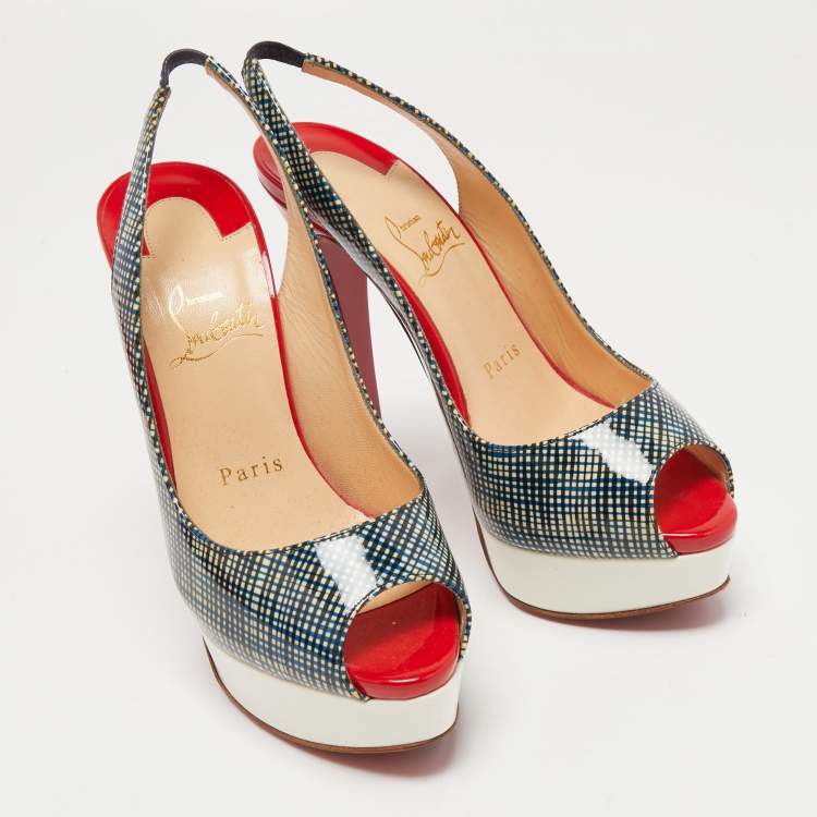 مملوكة مسبقًا Christian Louboutin Tricolor Printed Patent Leather Lady Peep Slingback Pumps Size 36.5