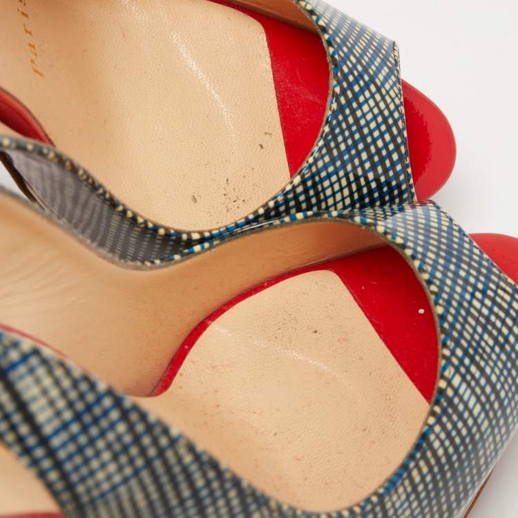 مملوكة مسبقًا Christian Louboutin Tricolor Printed Patent Leather Lady Peep Slingback Pumps Size 36.5