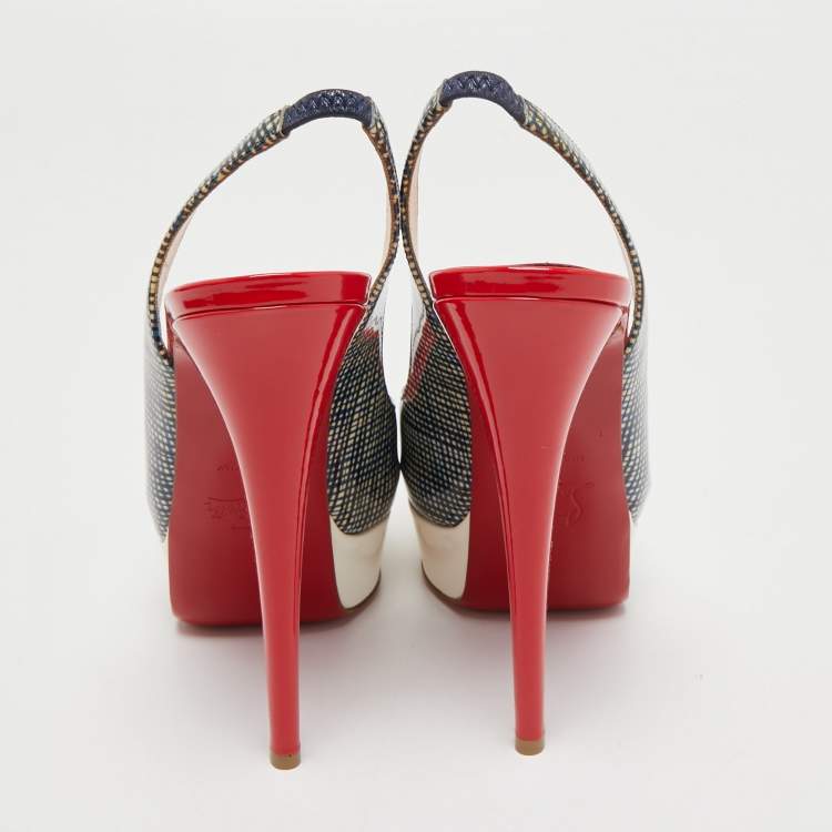 مملوكة مسبقًا Christian Louboutin Tricolor Printed Patent Leather Lady Peep Slingback Pumps Size 36.5