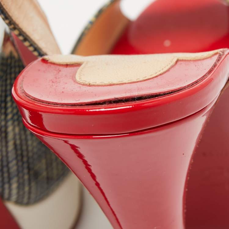 مملوكة مسبقًا Christian Louboutin Tricolor Printed Patent Leather Lady Peep Slingback Pumps Size 36.5
