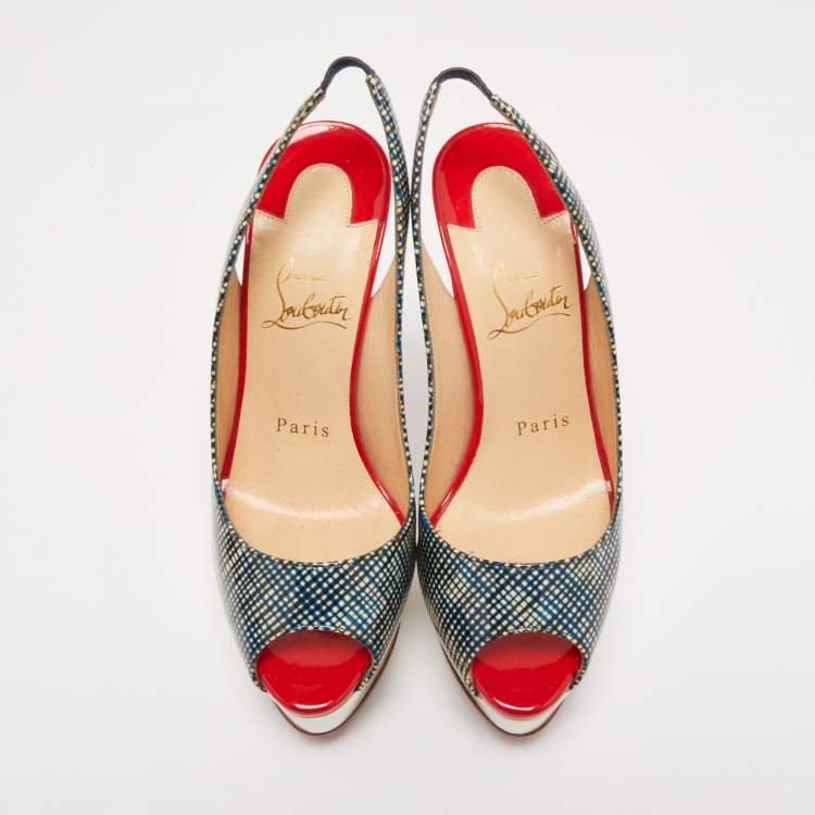 مملوكة مسبقًا Christian Louboutin Tricolor Printed Patent Leather Lady Peep Slingback Pumps Size 36.5