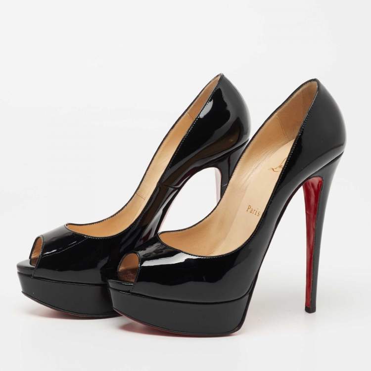 Pre Owned Christian Louboutin Black Patent Leather Lady Peep Pumps Size 38.5