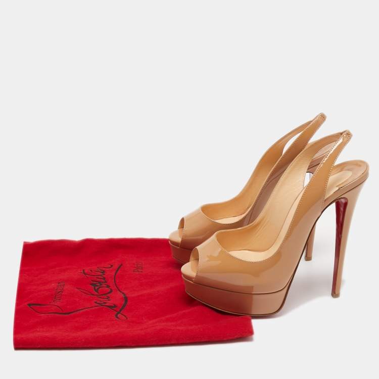 Pre Owned Christian Louboutin Beige Patent Leather Lady Peep Slingback Pumps Size 36.5