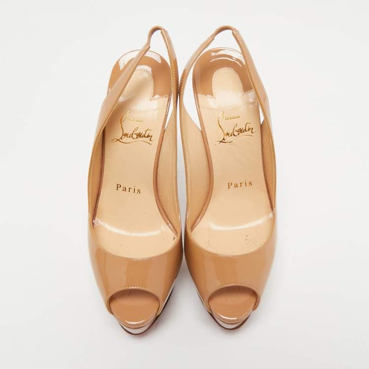 Pre Owned Christian Louboutin Beige Patent Leather Lady Peep Slingback Pumps Size 36.5