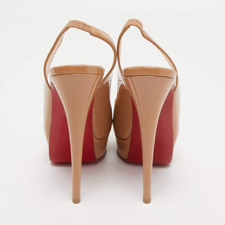 Pre Owned Christian Louboutin Beige Patent Leather Lady Peep Slingback Pumps Size 36.5