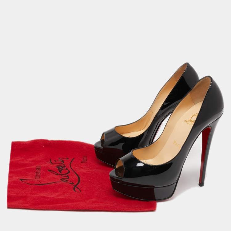 Pre Owned Christian Louboutin Black Patent Leather Lady Peep Pumps Size 36.5