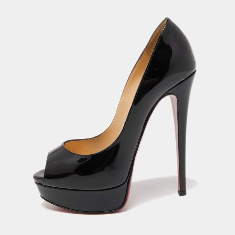 Pre Owned Christian Louboutin Black Patent Leather Lady Peep Pumps Size 36.5