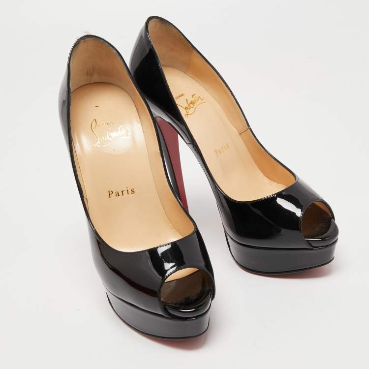 Pre Owned Christian Louboutin Black Patent Leather Lady Peep Pumps Size 36.5