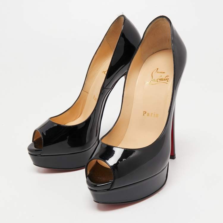 Pre Owned Christian Louboutin Black Patent Leather Lady Peep Pumps Size 36.5