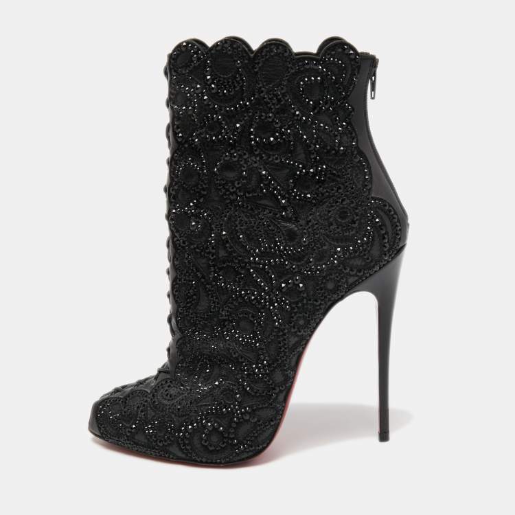 Pre Owned Christian Louboutin Black Leather Crystal Embellishment Rihanini 120 Strass Ankle Boots Size 36.5