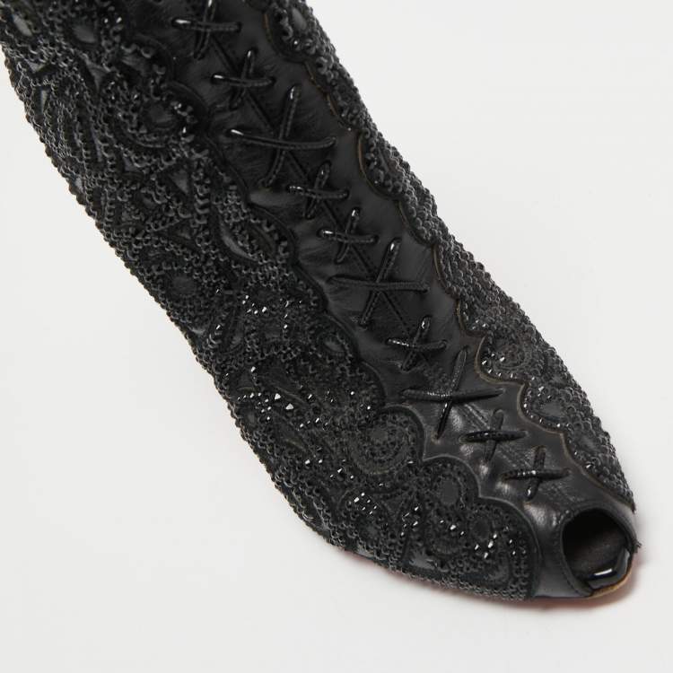 Pre Owned Christian Louboutin Black Leather Crystal Embellishment Rihanini 120 Strass Ankle Boots Size 36.5