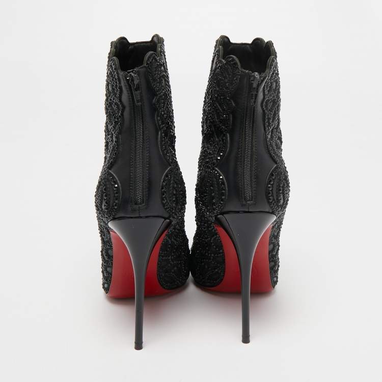 Pre Owned Christian Louboutin Black Leather Crystal Embellishment Rihanini 120 Strass Ankle Boots Size 36.5