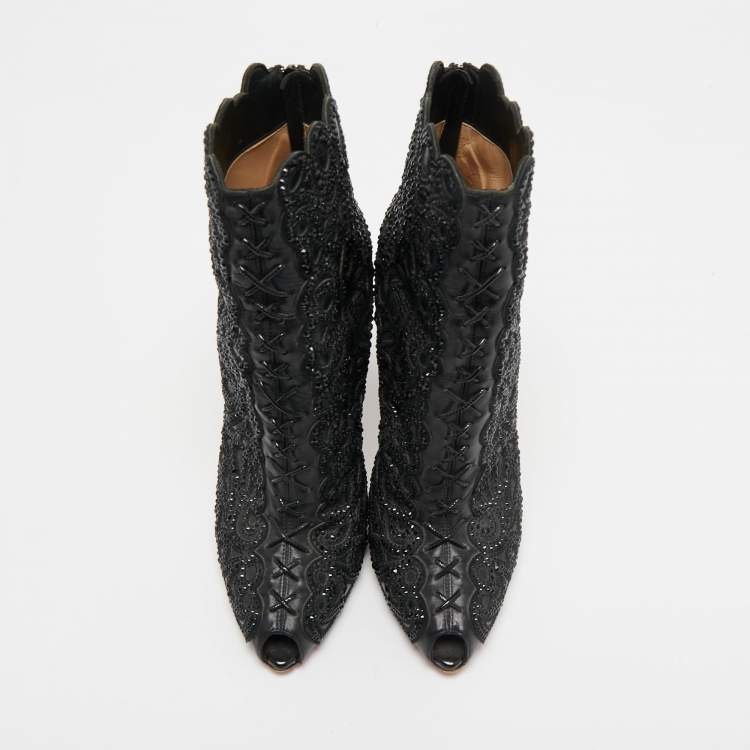 Pre Owned Christian Louboutin Black Leather Crystal Embellishment Rihanini 120 Strass Ankle Boots Size 36.5