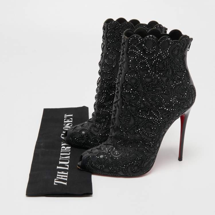 Pre Owned Christian Louboutin Black Leather Crystal Embellishment Rihanini 120 Strass Ankle Boots Size 36.5