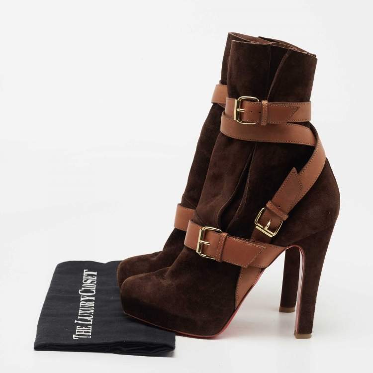 Pre Owned Christian Louboutin Brown Suede Guierriere Calf Length Boots Size 40