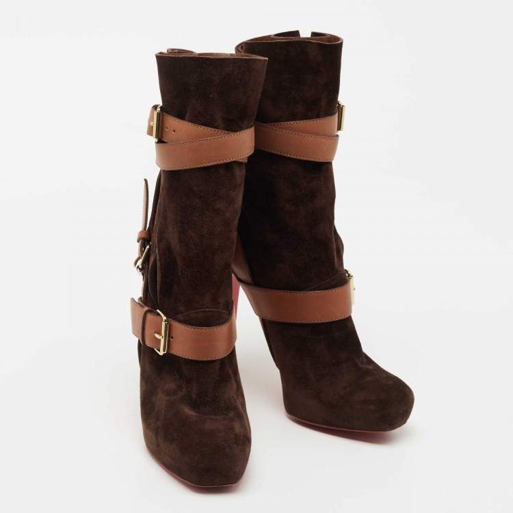 Pre Owned Christian Louboutin Brown Suede Guierriere Calf Length Boots Size 40
