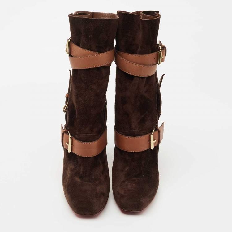 Pre Owned Christian Louboutin Brown Suede Guierriere Calf Length Boots Size 40