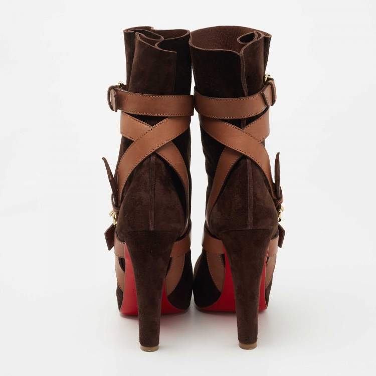 Pre Owned Christian Louboutin Brown Suede Guierriere Calf Length Boots Size 40