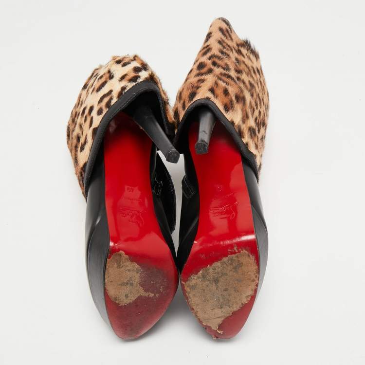 Pre Owned Christian Louboutin Black Leather And Calf hair Leopard Boots Size 40