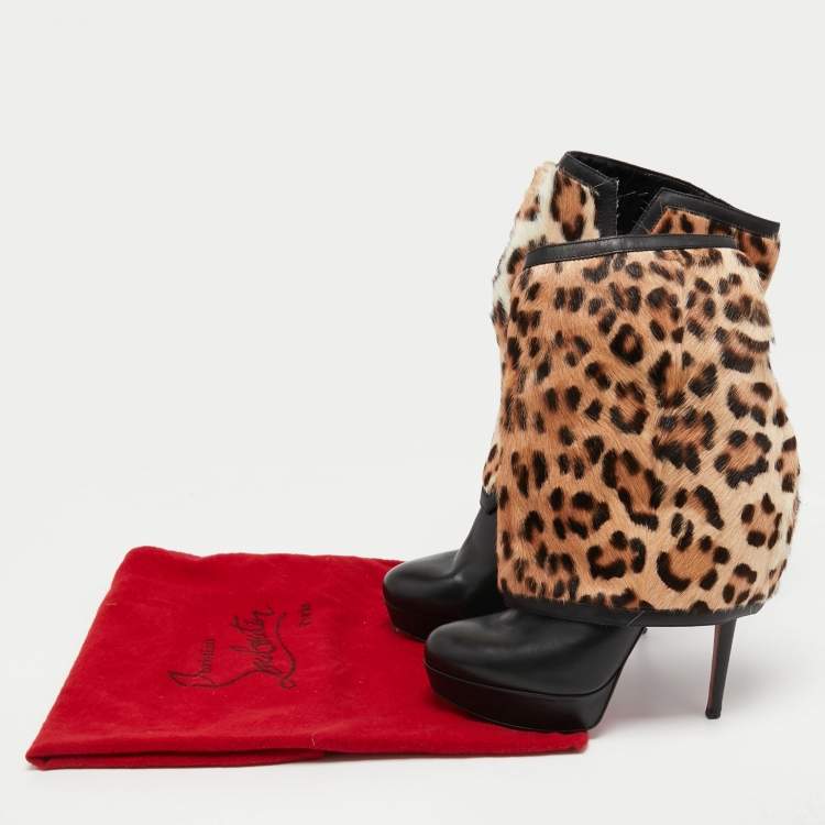 Pre Owned Christian Louboutin Black Leather And Calf hair Leopard Boots Size 40