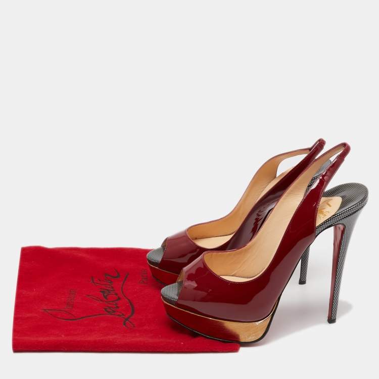 Pre Owned Christian Louboutin Burgundy Patent Leather Lady Peep Slingback Pumps Size 40