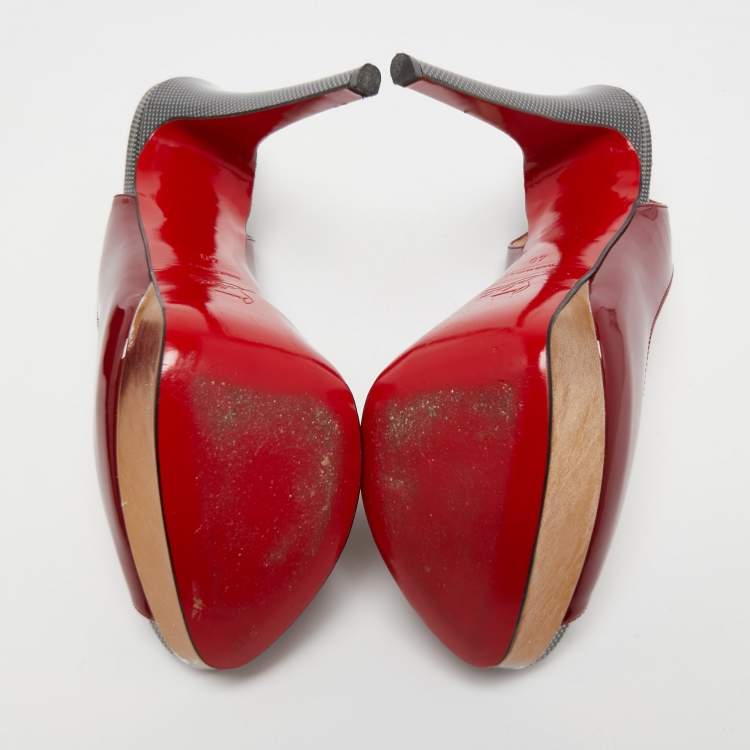 Pre Owned Christian Louboutin Burgundy Patent Leather Lady Peep Slingback Pumps Size 40