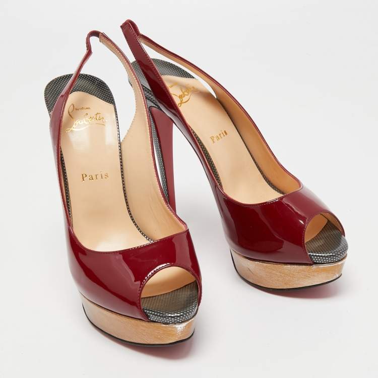 Pre Owned Christian Louboutin Burgundy Patent Leather Lady Peep Slingback Pumps Size 40
