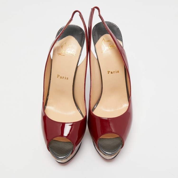 Pre Owned Christian Louboutin Burgundy Patent Leather Lady Peep Slingback Pumps Size 40