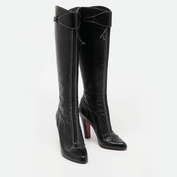 Pre Owned Christian Louboutin Black Leather Knee Length Boots Size 39.5