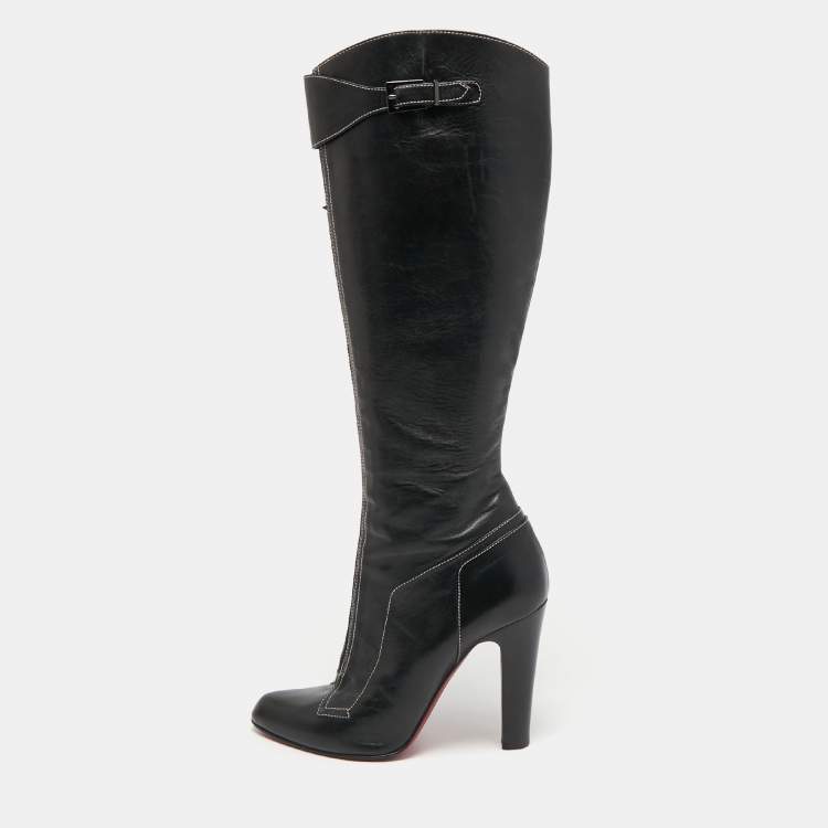 Pre Owned Christian Louboutin Black Leather Knee Length Boots Size 39.5