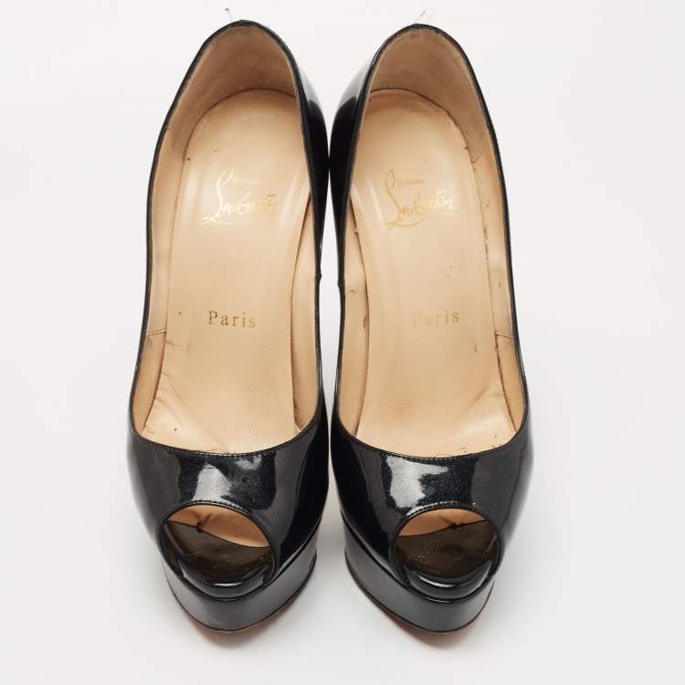 Pre Owned Christian Louboutin Black Patent Leather Lady Peep Pumps Size 37.5