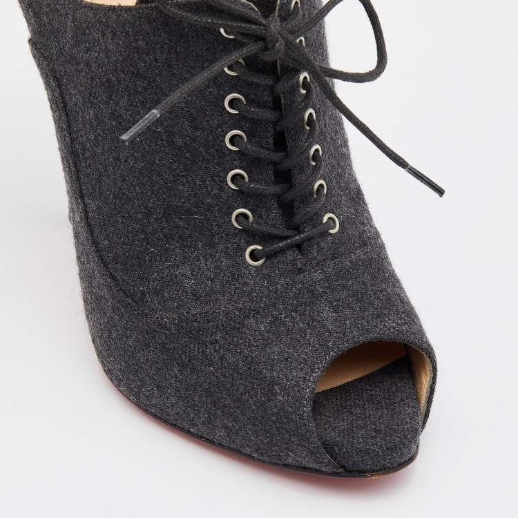 مملوكة مسبقًا Christian Louboutin Grey Felt Fabric Flannel Lady Peep Toe Lace Up Oxford Booties Size 38
