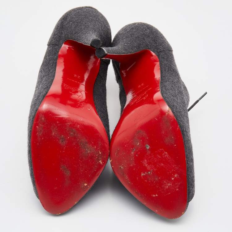مملوكة مسبقًا Christian Louboutin Grey Felt Fabric Flannel Lady Peep Toe Lace Up Oxford Booties Size 38