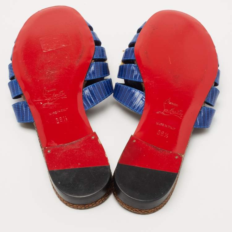 Pre Owned Christian Louboutin Blue/White Lizard Embossed Leather Flat Slides Size 38.5