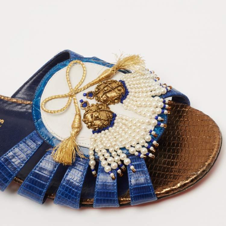 Pre Owned Christian Louboutin Blue/White Lizard Embossed Leather Flat Slides Size 38.5