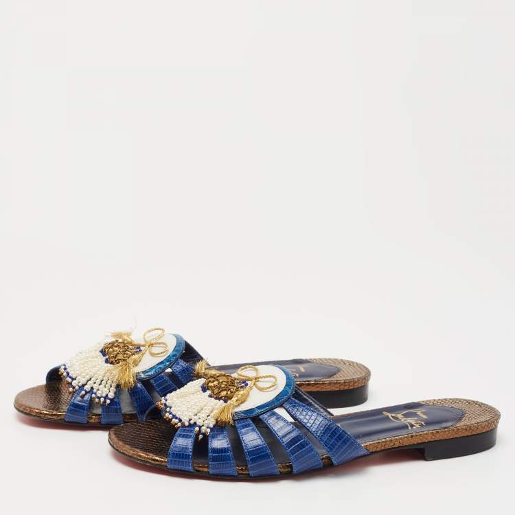 Pre Owned Christian Louboutin Blue/White Lizard Embossed Leather Flat Slides Size 38.5