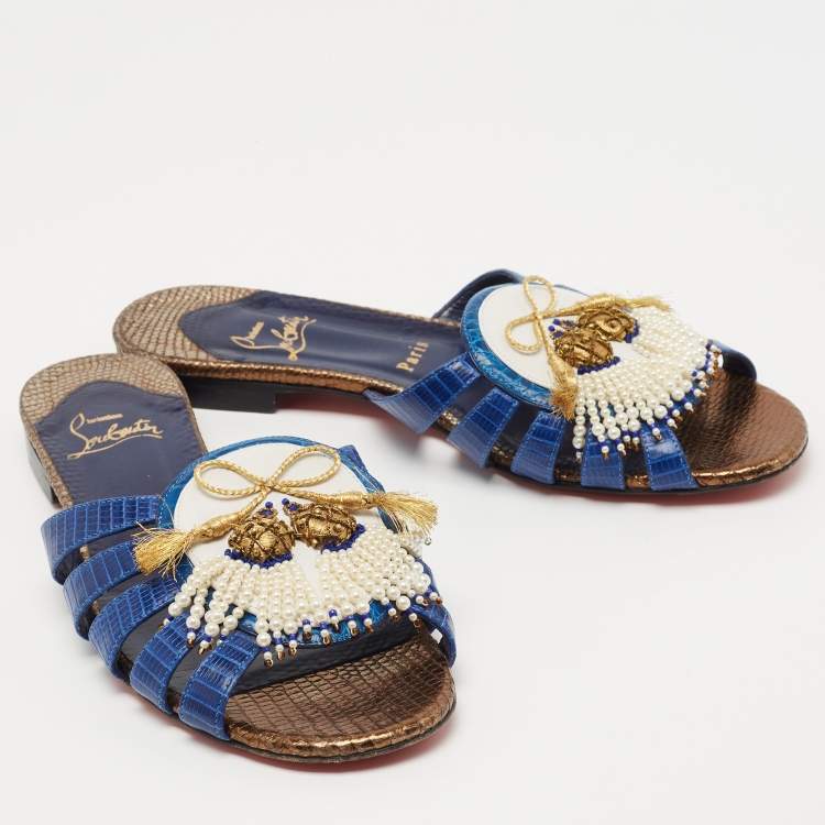 Pre Owned Christian Louboutin Blue/White Lizard Embossed Leather Flat Slides Size 38.5