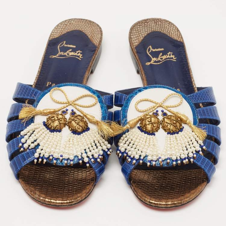 Pre Owned Christian Louboutin Blue/White Lizard Embossed Leather Flat Slides Size 38.5