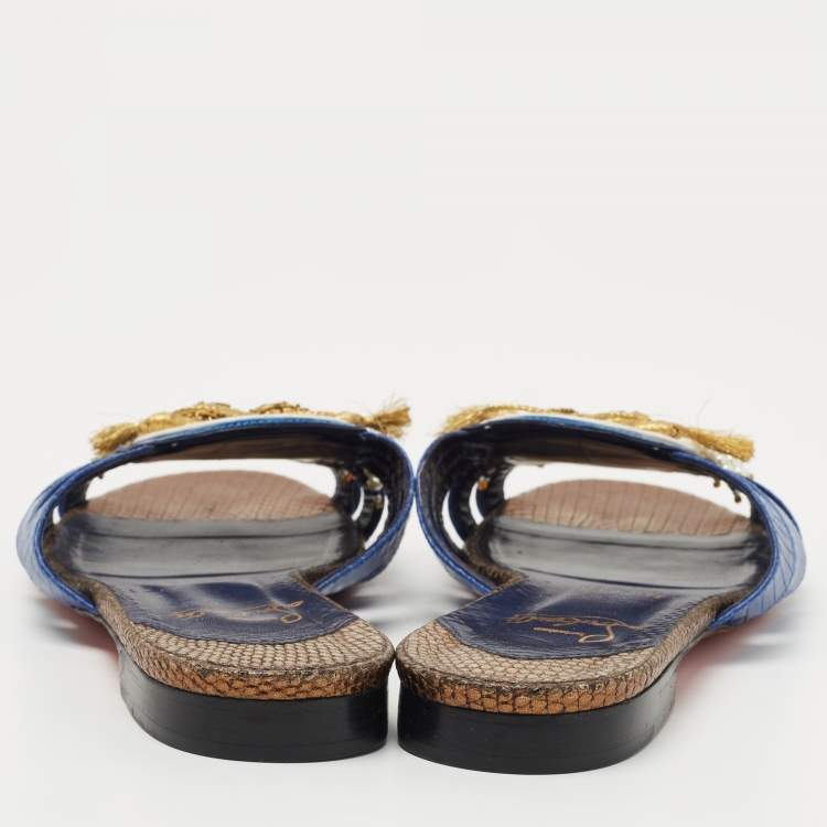 Pre Owned Christian Louboutin Blue/White Lizard Embossed Leather Flat Slides Size 38.5