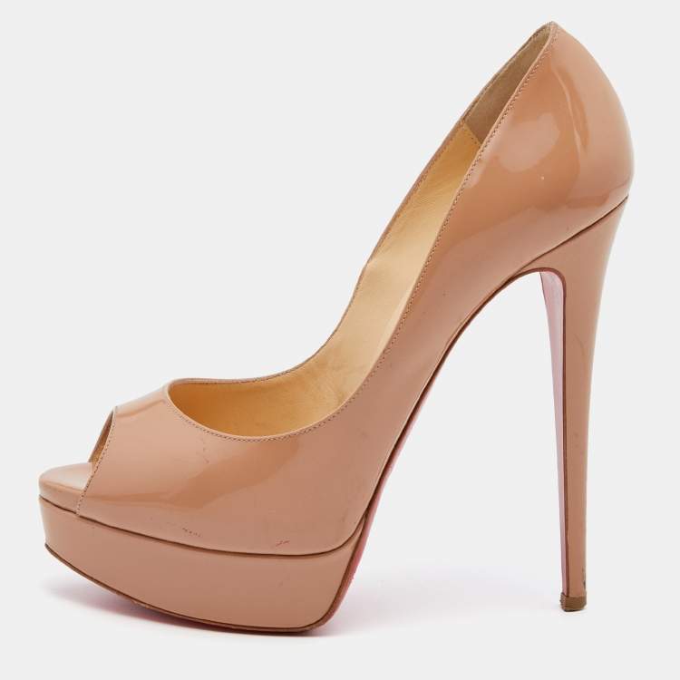 Pre Owned Christian Louboutin Beige Patent Leather Lady Peep Toe Platform Pumps Size 39