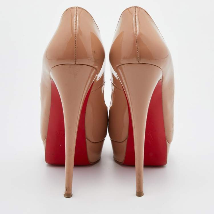 Pre Owned Christian Louboutin Beige Patent Leather Lady Peep Toe Platform Pumps Size 39