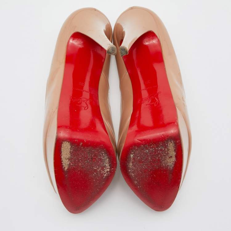 Pre Owned Christian Louboutin Beige Patent Leather Lady Peep Toe Platform Pumps Size 39