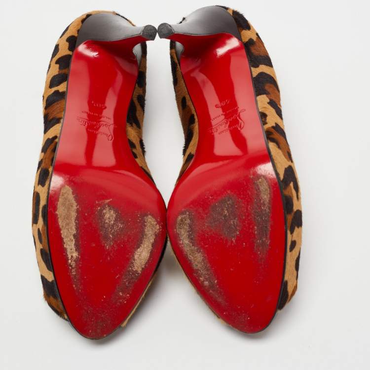 Pre Owned Christian Louboutin Brown Leopard Print Calf Hair Very Prive Peep Toe Pumps Size 40.5