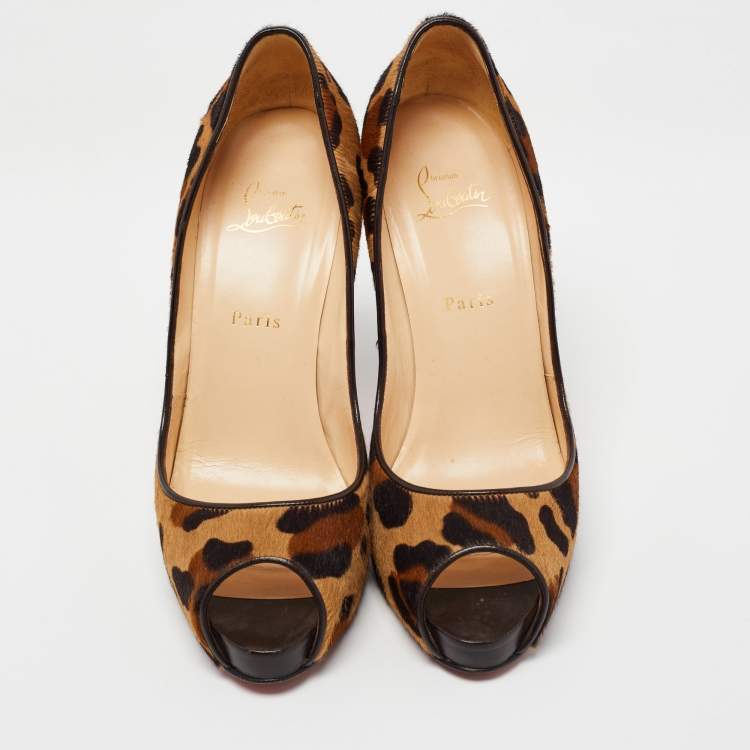 Pre Owned Christian Louboutin Brown Leopard Print Calf Hair Very Prive Peep Toe Pumps Size 40.5