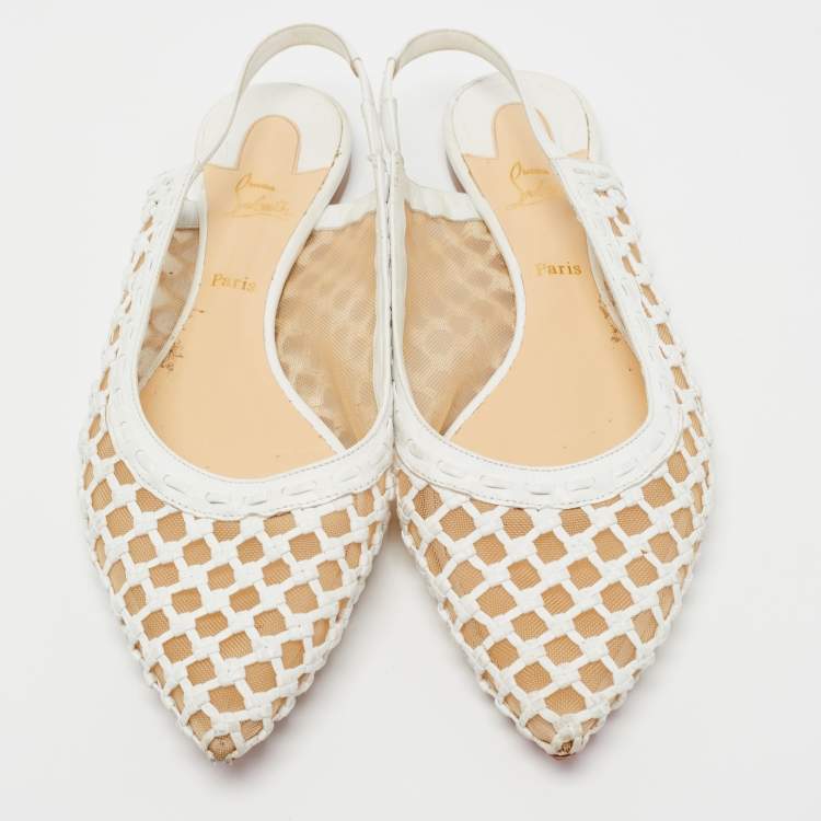 Pre Owned Christian Louboutin White Woven Leather and Mesh Cage Slingback Flats Size 40