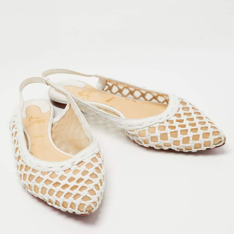 Pre Owned Christian Louboutin White Woven Leather and Mesh Cage Slingback Flats Size 40